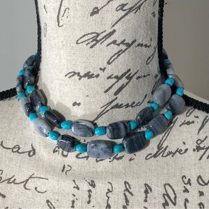 Semi Precious Gray & Turquoise Blue Stone Necklace NWT RV$225